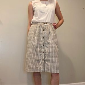 Vintage Green and Pink Plaid Skirt Button Up Midi Skirt Pockets Picnic Spring